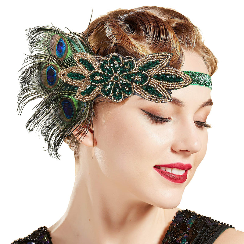 [Australia] - ArtiDeco 1920s Headpiece Vintage 1920s Headband Crystal Headband Flapper Headpiece with Crystal Great Gatsby Costume Accessories Roaring 20's Accessories (Gold Black with Feather) 