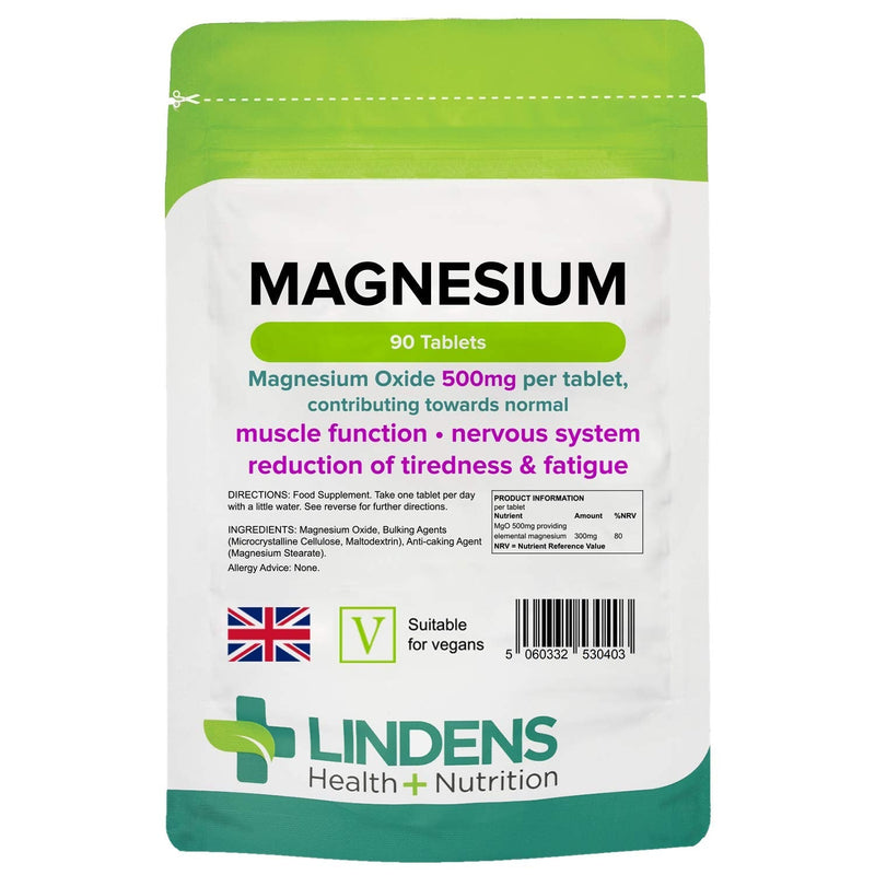 [Australia] - Lindens 500mg Magnesium Tablets | 90s 1-a-Day | Made in The UK | Tiredness, Muscle Function, Energy, Bones, Teeth, Nervous System | Letterbox Friendly | Vegan 