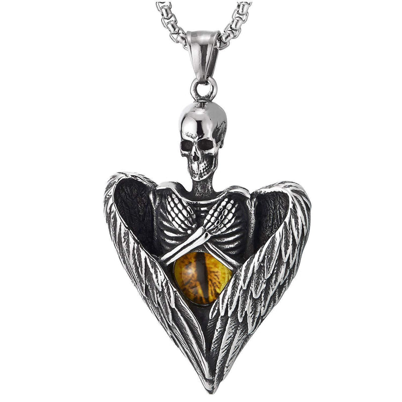 [Australia] - COOLSTEELANDBEYOND Gothic Man Women Steel Vintage Skull Skeleton Angel Wing Heart Pendant Necklace with Yellow Evil Eye 