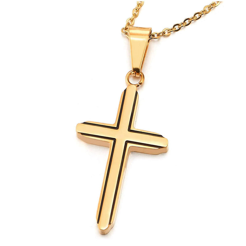 [Australia] - COOLSTEELANDBEYOND Minimalist, Mens Womens Steel Small Gold Black Accented Cross Pendant Necklace with 20 inches Chain 