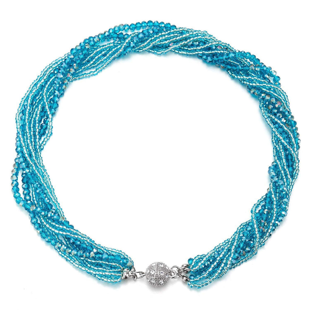 [Australia] - COOLSTEELANDBEYOND Teal Blue Statement Necklace Multi-Layer Beads Crystal Braided Chain Choker Collar Magnetic Clasp 