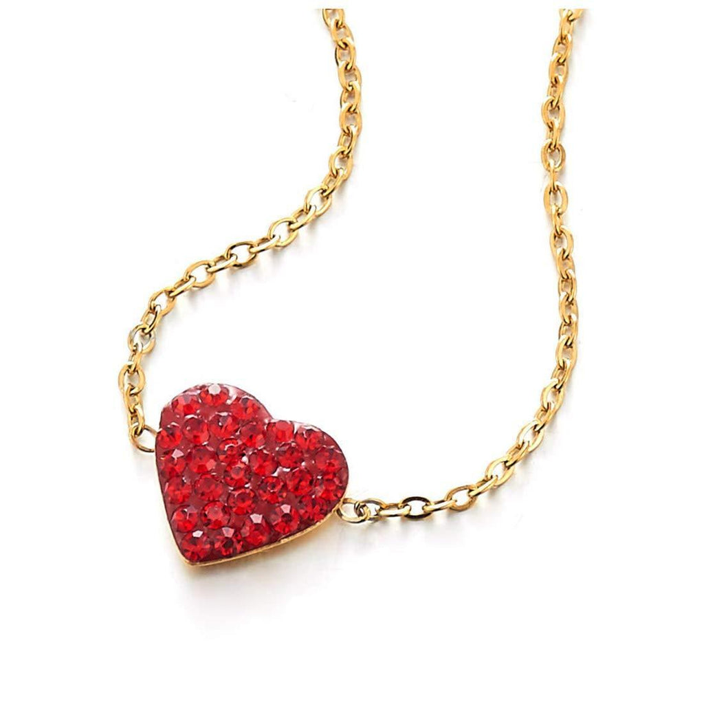 [Australia] - COOLSTEELANDBEYOND Beautiful Red Cubic Zirconia Love Heart Pendant Necklace with 18 inches Gold Color Rope Chain 