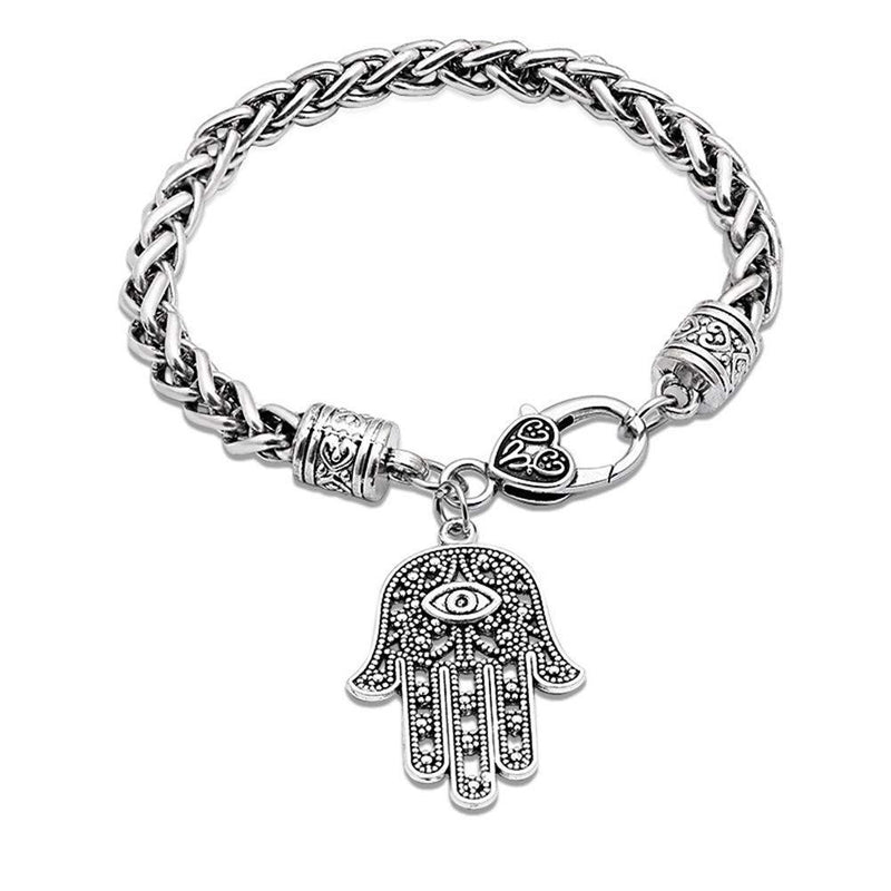 [Australia] - AILUOR Hamsa Hand of Fatima Silver Bracelet - Evil Eye Protection Silver Tone Alloy Charm Jewelry Lucky Success Pendant Friendship Handmade Bracelet Men Women 