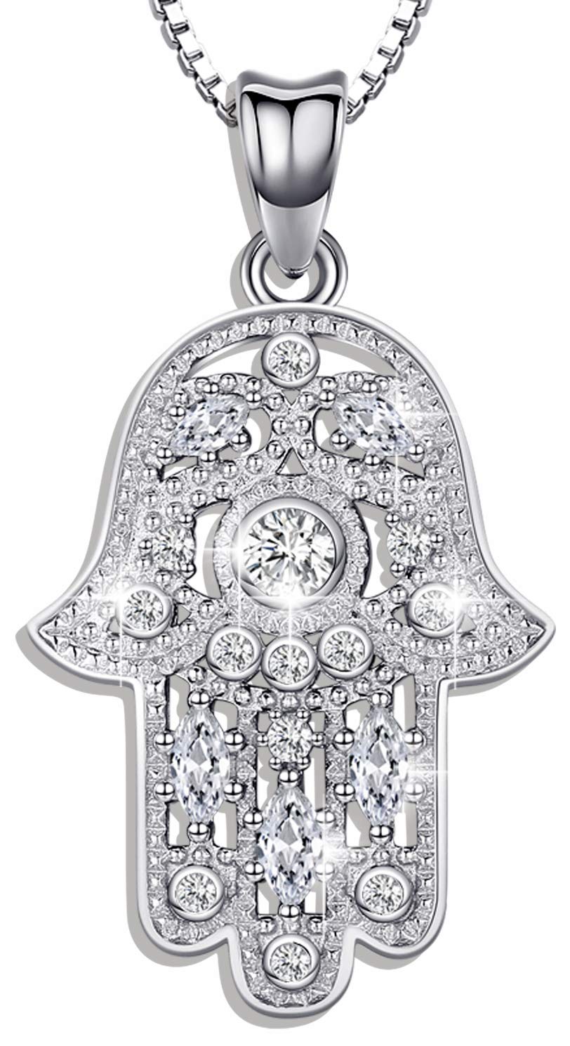 [Australia] - 925 Sterling Silver Hamsa Necklace for Women, Hand of Fatima Pendant with Cubic Zirconia, Protection Jewellery Gift - Come with delicate box Hamsa Hand Necklace 