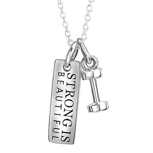 [Australia] - YFN Sterling Silver Strong is Beautiful Engraved Dumbbell Barbell Gym Buff Pendant Necklace for Women Teen Girls 18" 