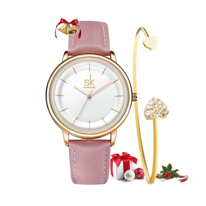 [Australia] - SHENGKE Women's Watch Gift Set Quartz Leather Strap Simple Ladies Watch Girls Dress Wristwatch with Bracelet Gift Pink 