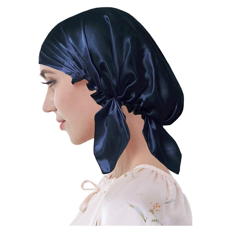 [Australia] - Everkeen 100% Mulberry Silk Night Sleep Cap for Women Hair Beauty Bonnet Sleeping Hat with Adjustable Elastic Ribbon Navy 