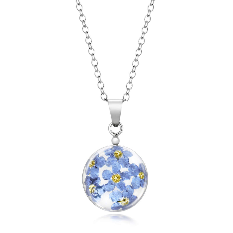 [Australia] - Natural Flower Jewellery Round/Spherical Pendant Made with Real Forget Me Nots Set in Resin, with Sterling Silver Fittings and Chain. 