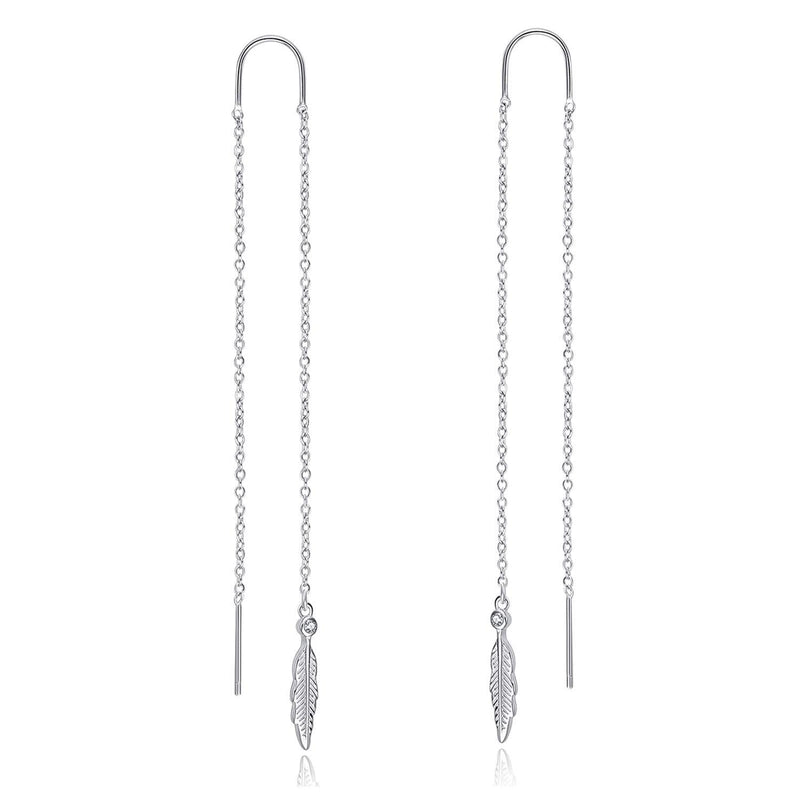[Australia] - Sterling Silver Feather Leaf Threader Earrings, Feather Necklace for Women Girls Feather Threader Earrings 