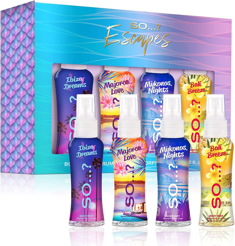 [Australia] - So…? Summer Escapes Womens Gift Set, Body Mist Fragrance Spray (4x50ml) 50 ml (Pack of 4) 