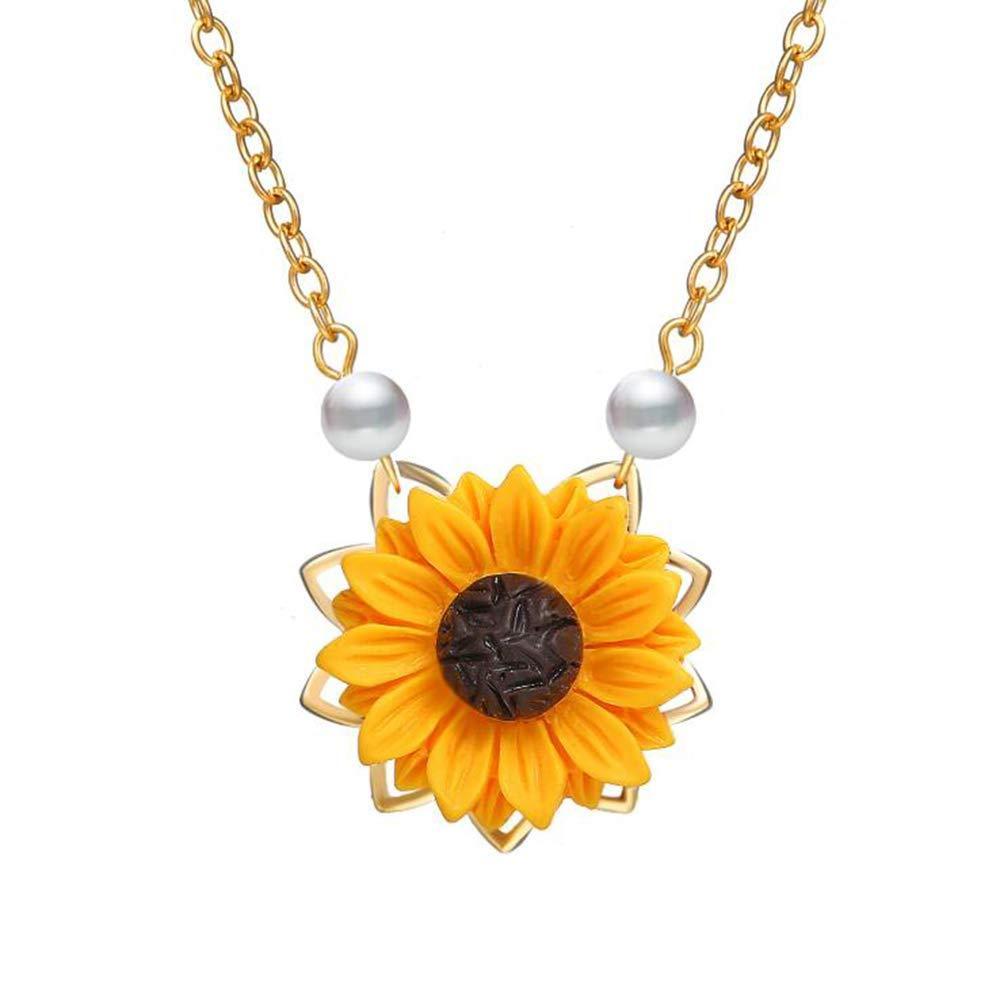 [Australia] - Sunflower Pearl Leaf Chain Resin Boho Handmade Drop Pendant Choker Gold 