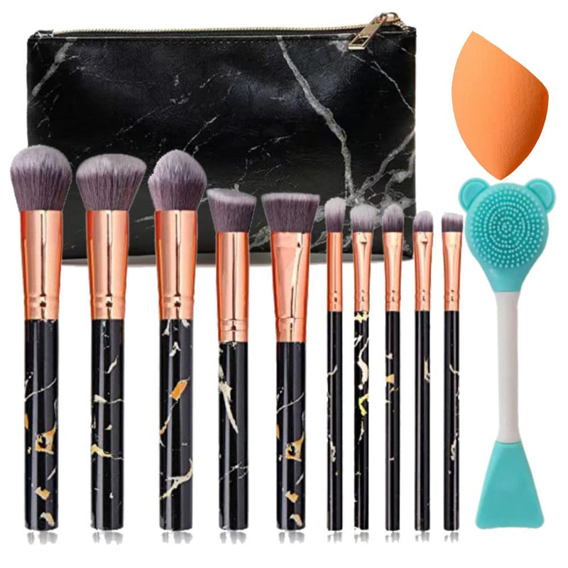 [Australia] - Nevsetpo Marble Makeup Brushes Set with Sponge Silicone Facial Brushes Synthetic Foundation Eyeshadow Contour Face Kabuki Make up Brushes Set for Girls (10+2pcs, Marble Black) 