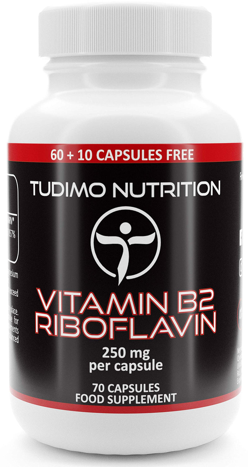 [Australia] - Vitamin B2 Riboflavin 250 mg Capsules - 70 pcs (2+ Month Supply) of Rapidly Disintegrating Capsules, Each with 250mg of Premium Quality & Pure Riboflavin Powder, by TUDIMO 