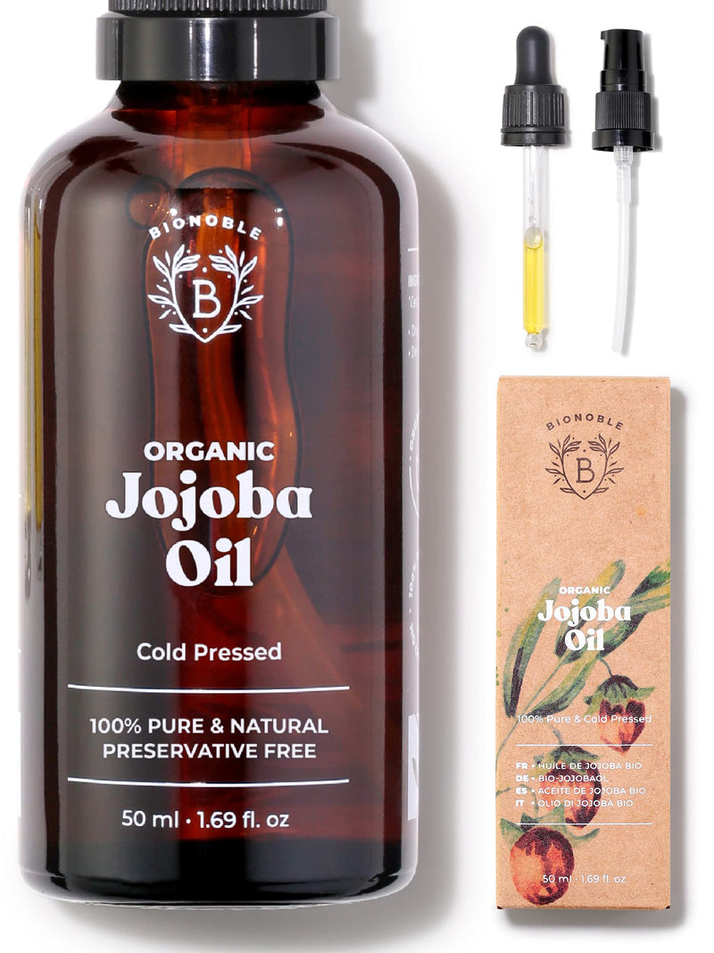 [Australia] - Bionoble Organic Jojoba Oil 50ml - 100% Pure, Natural and Cold Pressed - Face, Body, Hair, Beard, Nails - Vegan and Cruelty Free - Glass Bottle + Pipette + Pump 50 ml (Pack of 1) 