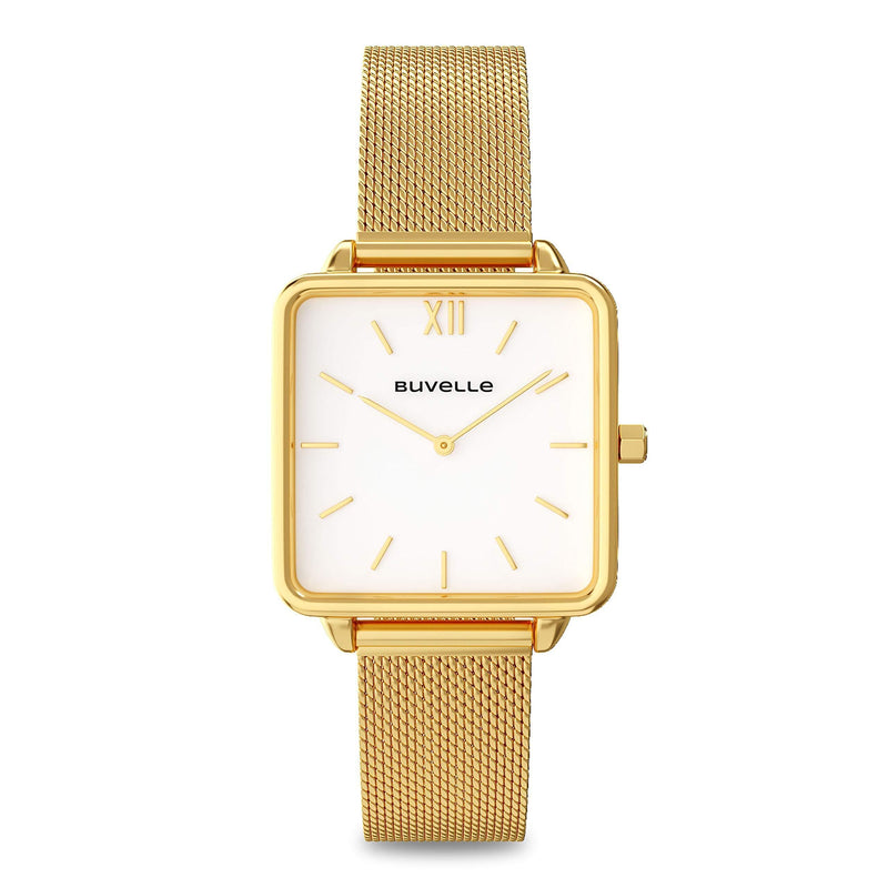[Australia] - BUVELLE Women Watch On A Mesh Bracelet Analogue Waterproof Stainless Steel Square Case White Dial for Business and Casual Simple Look Gold/White 