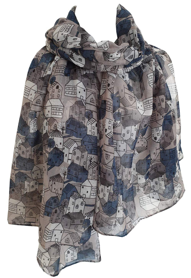 [Australia] - GlamLondon Womens Little Town Print Scarf Classic House Holiday Sun Summer Fashion Light Wrap Grey 