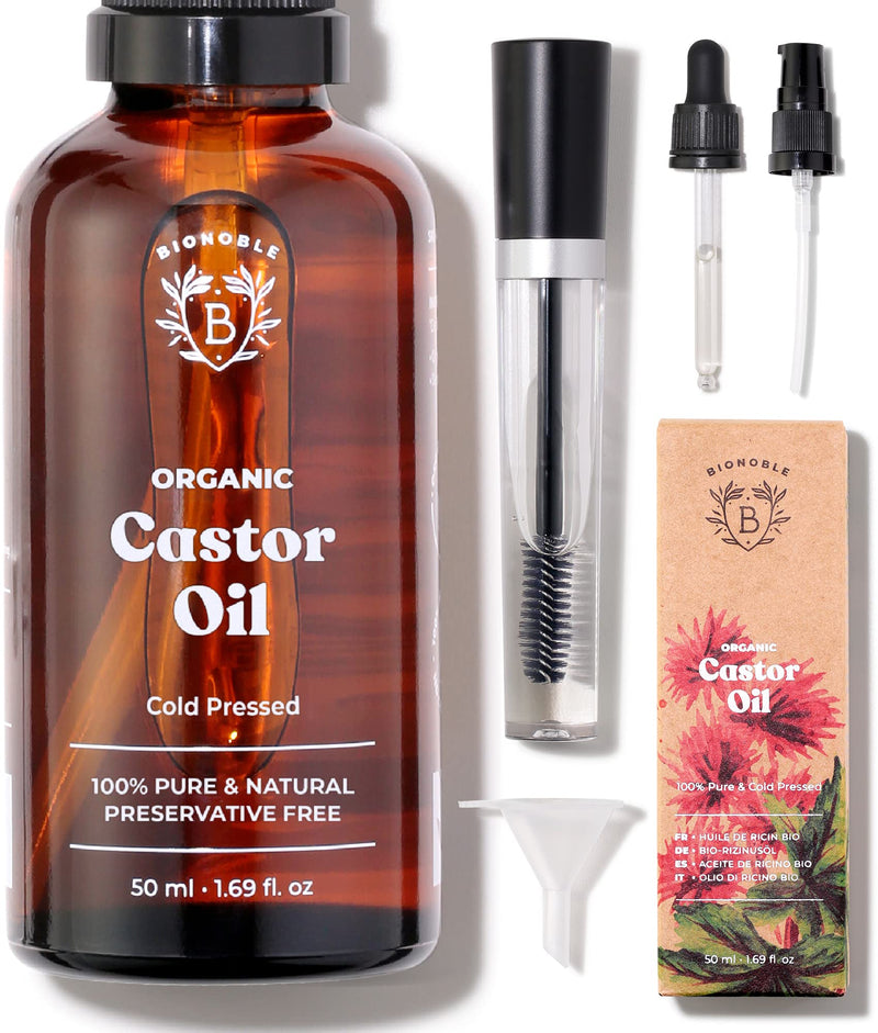 [Australia] - ORGANIC CASTOR OIL | 100% Pure, Natural & Cold Pressed | Lashes, Eyebrows, Body, Hair, Beard, Nails | Vegan & Cruelty Free| Glass Bottle + Pipette + Pump + Mascara Kit (50ml) 50ml (+Mascara) With Mascara 