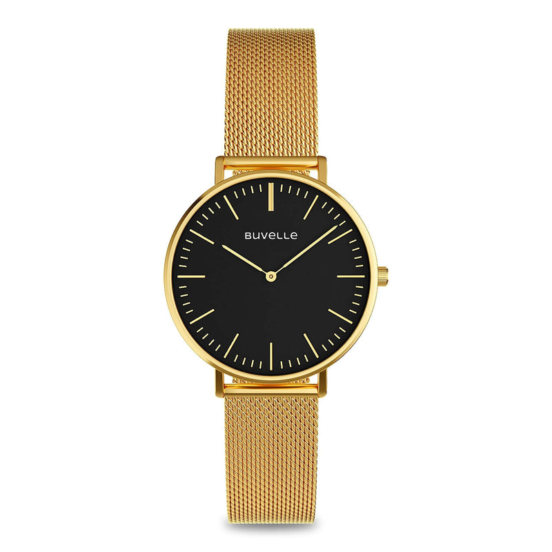 [Australia] - BUVELLE Women Watch On A Mesh Bracelet Analogue Waterproof Stainless Steel Round Case White Dial for Business and Casual Simple Look Gold/Black 