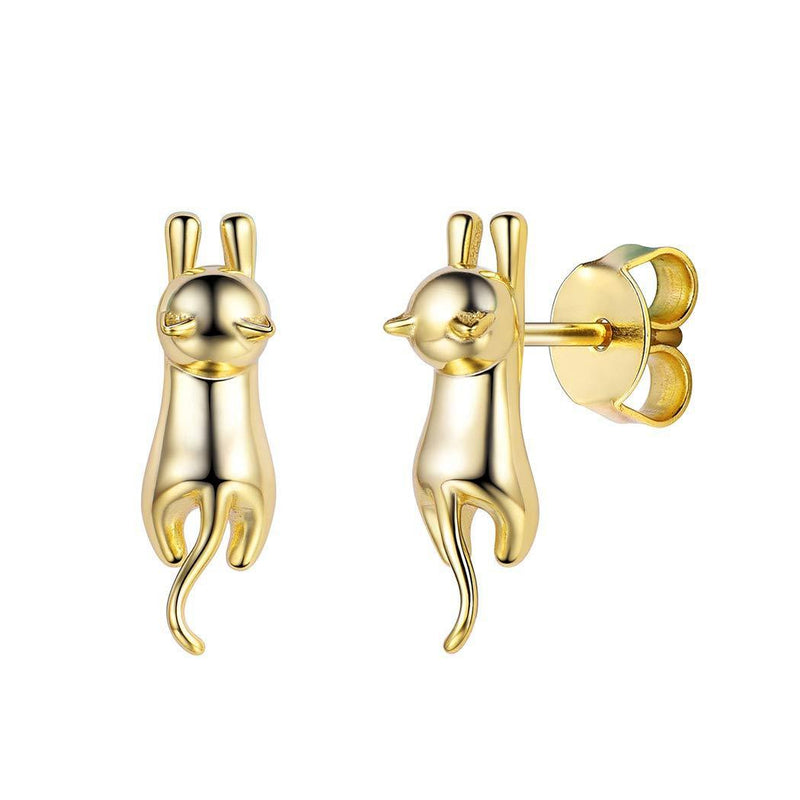 [Australia] - Hedgehog/Tortoise/Cat/Dachshund/Labrador/Crocodile/Sea Horse/Elephant/Unicorn/Bee/Sika Deer/Spider/Rabbit/Carrot Stud Earring, Gold Plated/925 Sterling Silver Jewellery Cute Women Earring (Gift Box) 05. Cat- 18k Gold Plated 