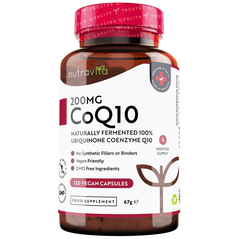 [Australia] - CoQ10 200mg - 120 Vegan Capsules of High Strength Co Enzyme Q10 (4 Months Supply) - 100% Pure and Naturally Fermented Ubiquinone Coenzyme - No Synthetic Additives - Made in The UK by Nutravita 120 Count (Pack of 1) 