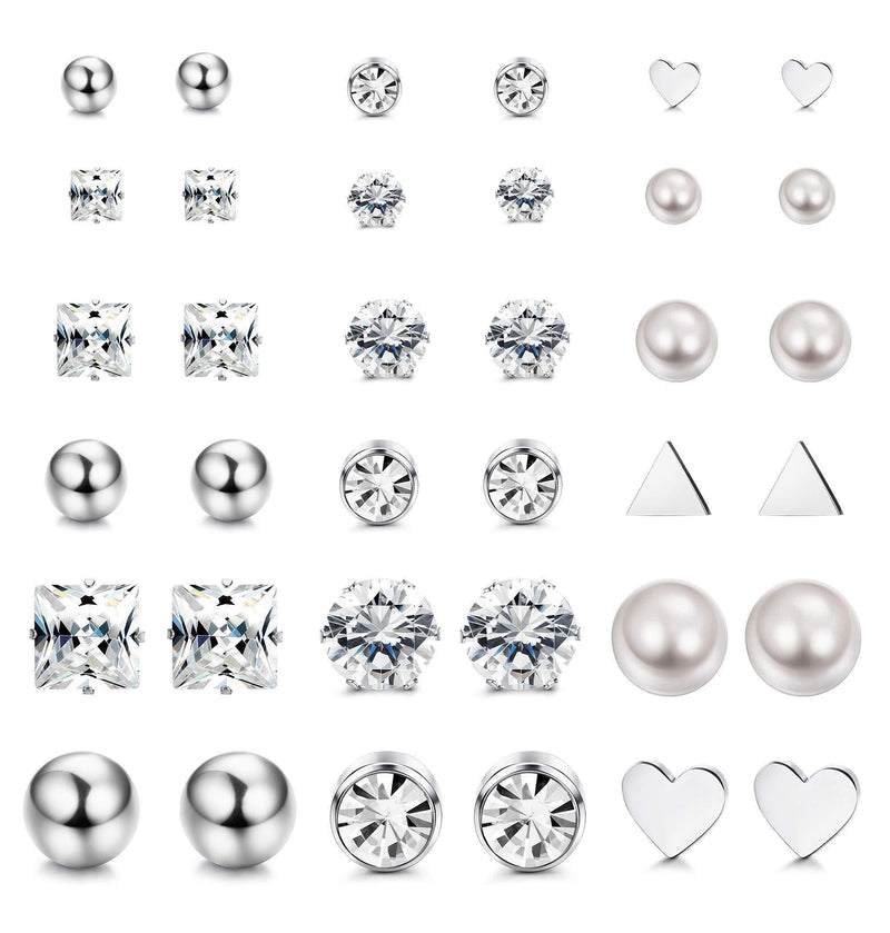 [Australia] - Milacolato 18 Pairs Stainless Steel Earrings Stud Earrings Set for Womens Girls Round Clear CZ Stud Style A 