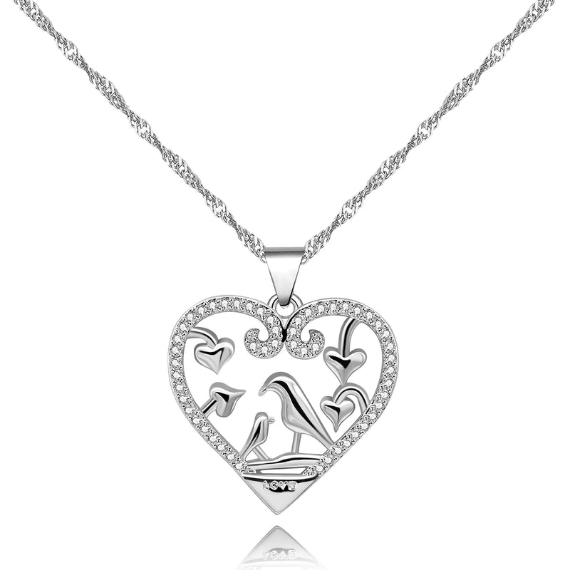 [Australia] - Uloveido Mama and Baby Hummingbird Birds in Love Heart Pendant Necklace Micro Pave Round Cubic Zirconia, Birthday Gifts for Mom Grandma Y483 Platinum 