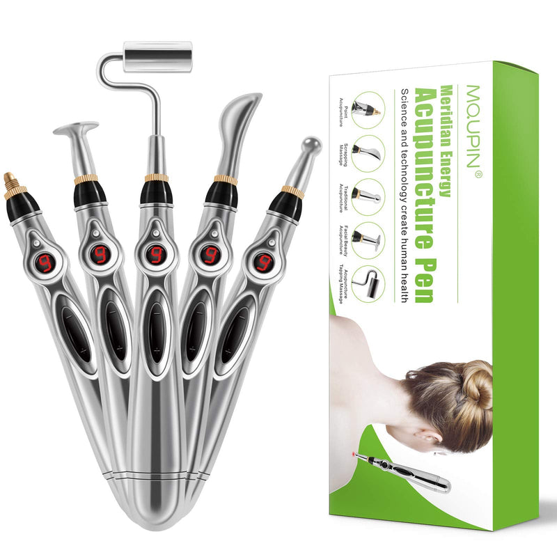 [Australia] - Acupuncture Energy Pen, Pulse Relief Massage Pen with 5 Massage Heads,Pain Relief Therapy Electric Meridians Acupuncture Machine Meridian Energy Pen for Pain Relief， Nine Power Levels 