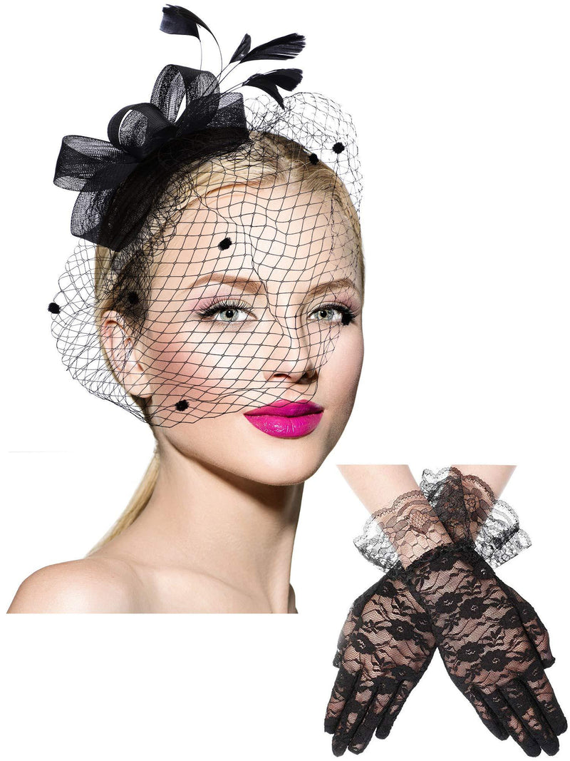 [Australia] - Bowknot Fascinator Hat Feathers Veil Mesh Headband and Short Lace Gloves Floral Lace Gloves Black 