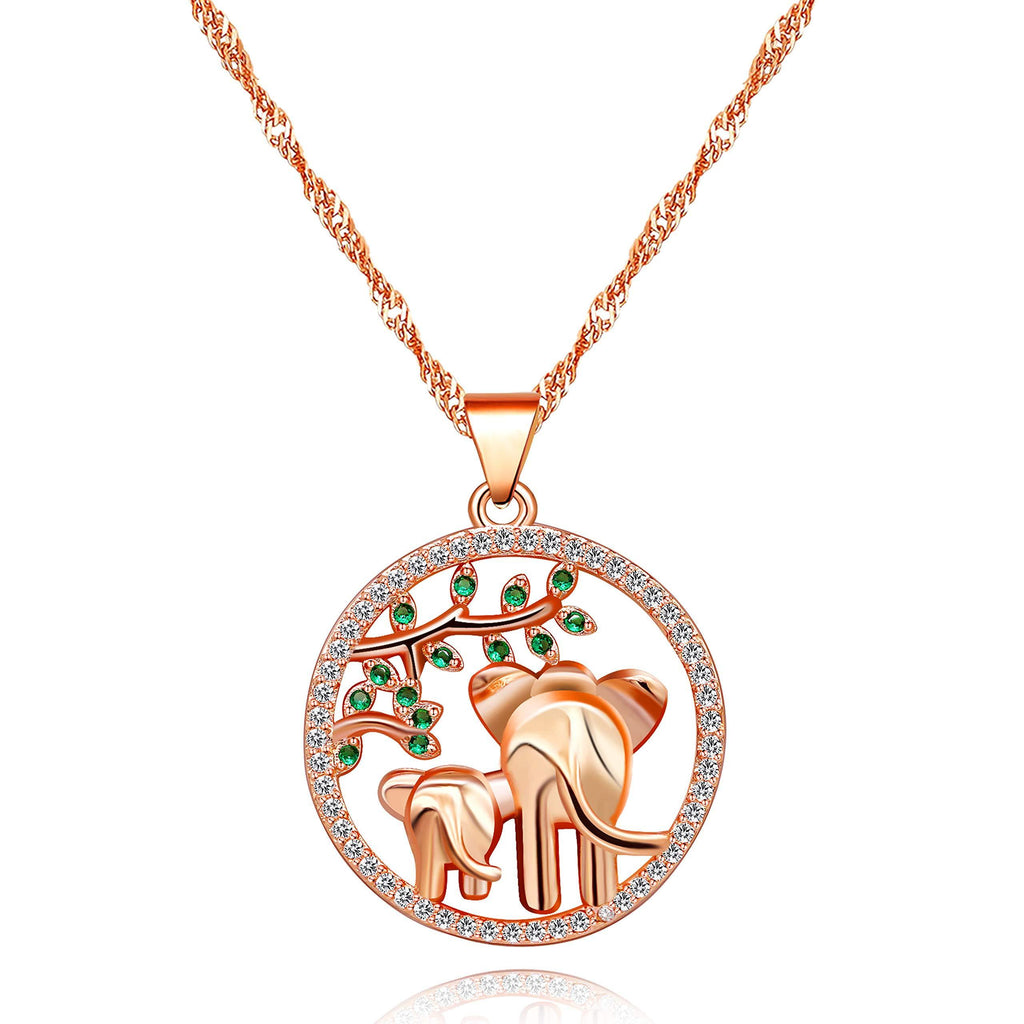 [Australia] - Uloveido Mom and Baby Elephant Forest Pendant Necklace,Green Tree Leaf Symbol of Life, Hummingbird Love Heart Necklace, Mother Gifts Y482 Elephant-rose Gold 