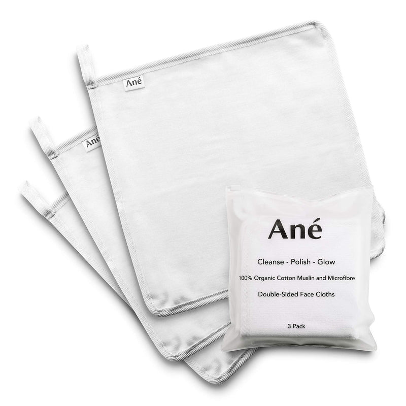 [Australia] - An√© 3 Double Sided Muslin and Microfibre Face Cleansing Cloths - Makeup Removers, Deep Pore Cleansers and Face Exfoliators 