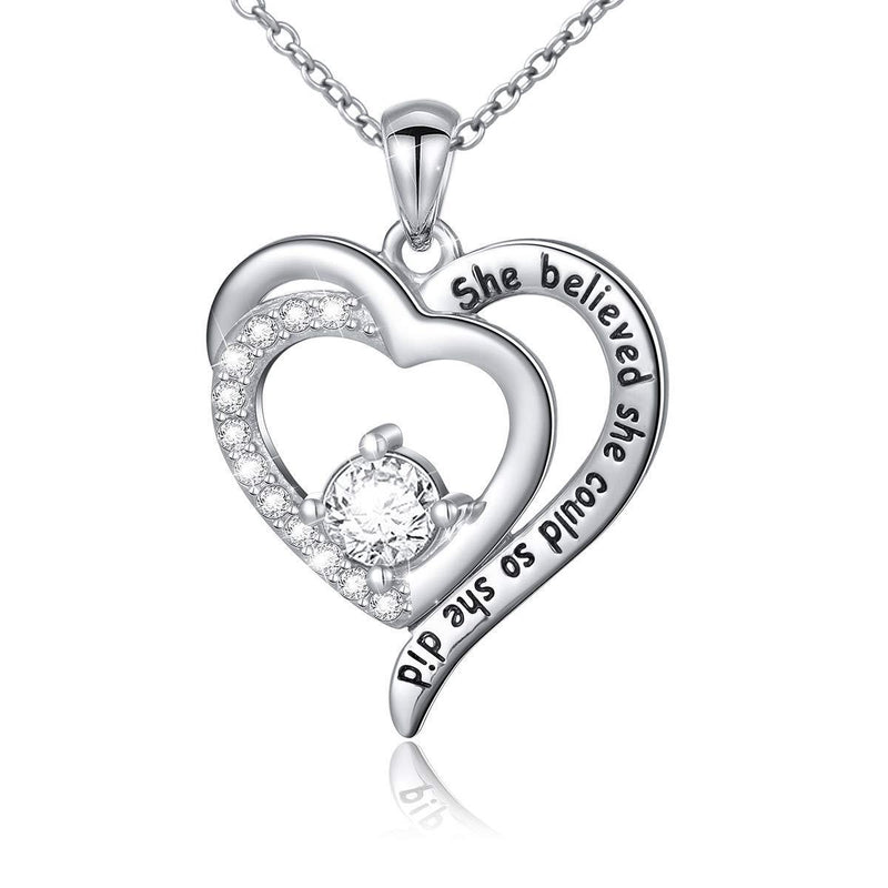 [Australia] - Flyow Women Girls Heart Necklace 925 Sterling Silver Dancing Ballet Girl/Cubic Zirconia Inspirational Pendant Engraved"She Believed She Could So She Did", 18 Inches Cubic Zirconia Heart 