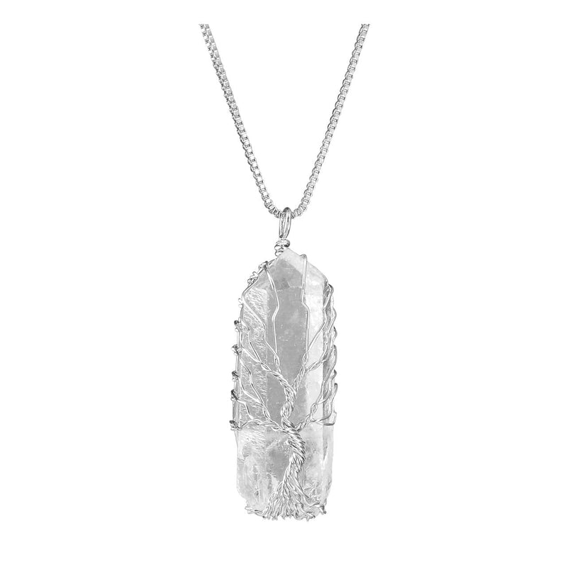 [Australia] - JOVIVI Silver Handmade Tree of Life Wire Wrapped Pendant Natural Clear Quartz Rock Raw Crystal Gemstone Reiki Healing Chakra Necklace Balancing Jewellery 