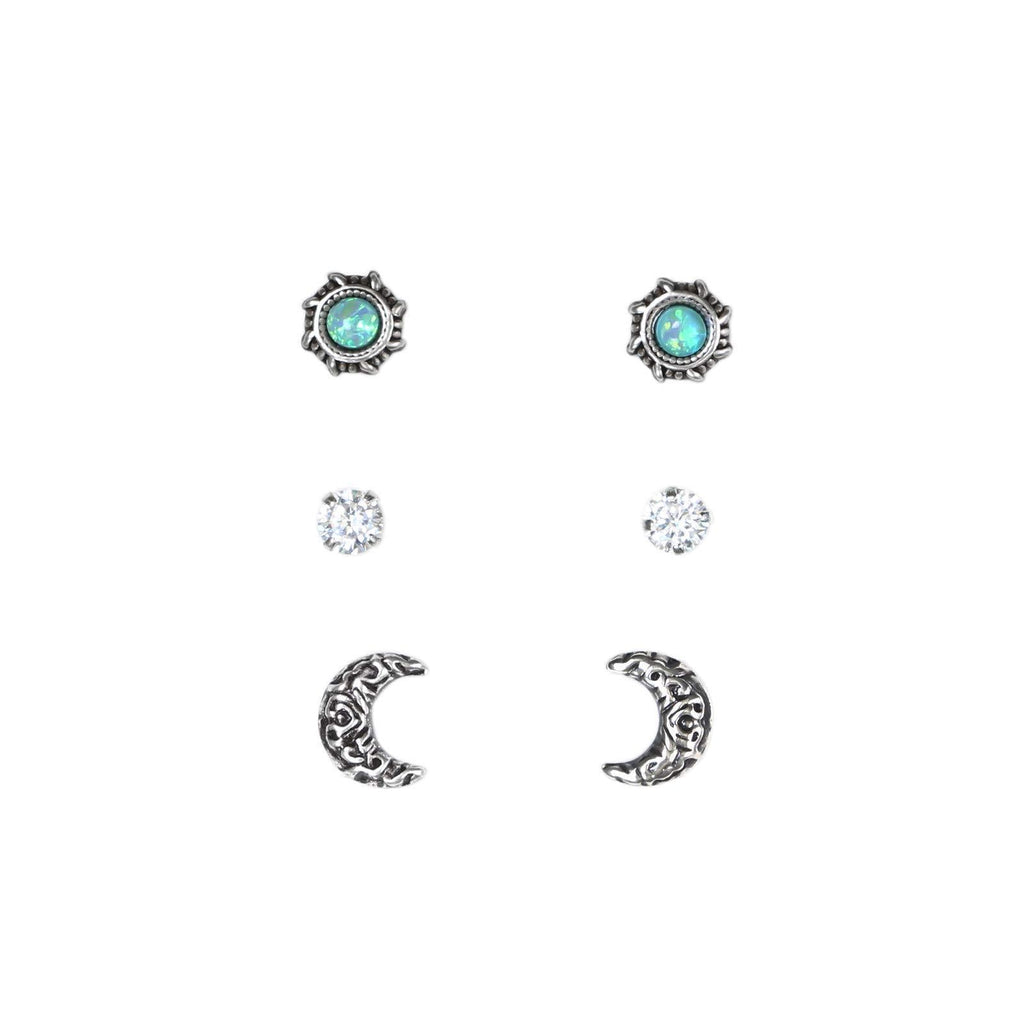 [Australia] - The Rose & Silver Company Women 925 Sterling Silver Tiny Cubic Zirconia and Synthetic Opal Stones Ethnic Moon and Sun Stud Earrings Set 