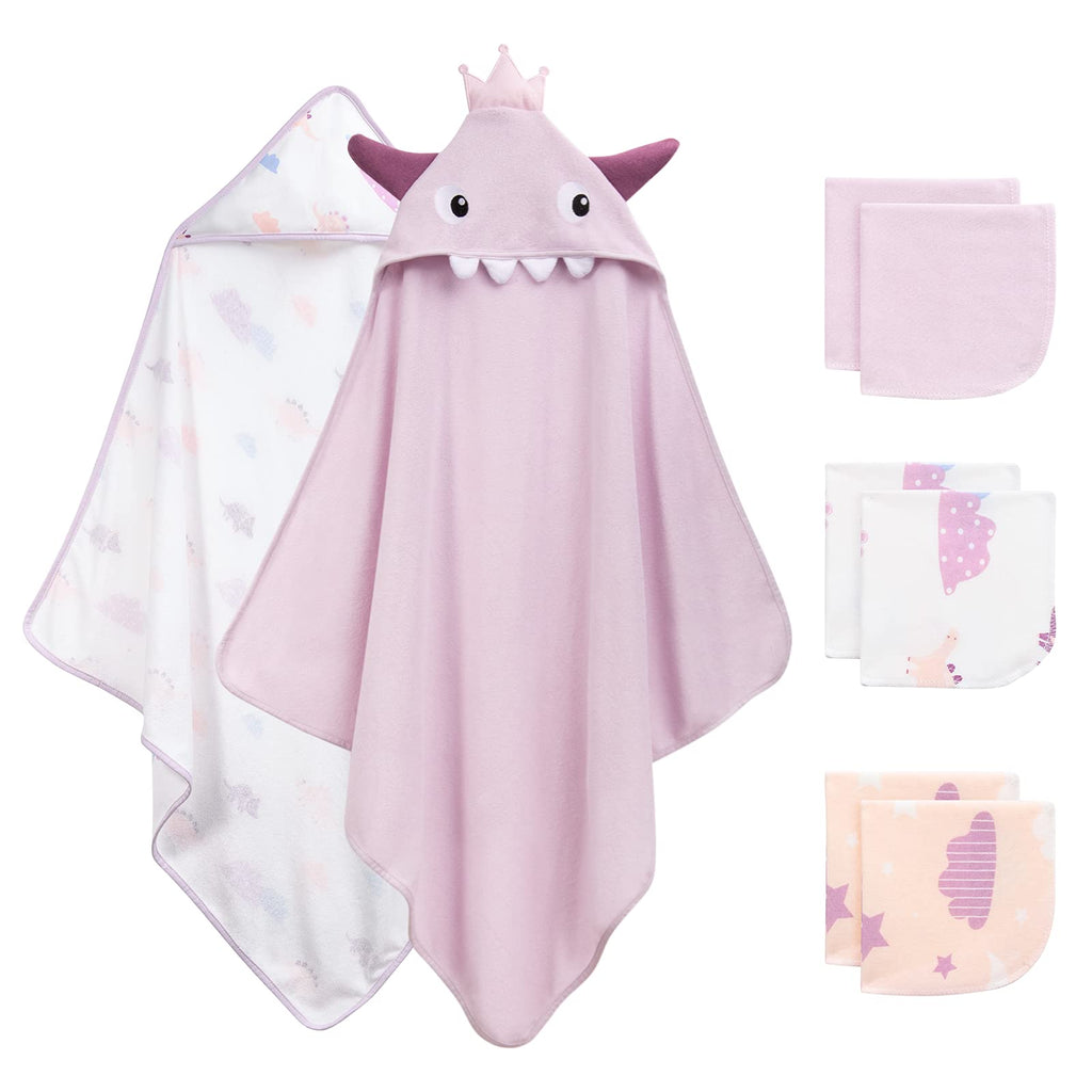 [Australia] - 8 PCS Baby Towel,Momcozy Baby Hooded Bath Towels for Newborn,2Pcs Baby Towel and 6Pcs Baby Wash Cloth,Soft and Super Absorbent Baby Towels 0-3 Years,Perfect, Cute Dinosaur (pink) 
