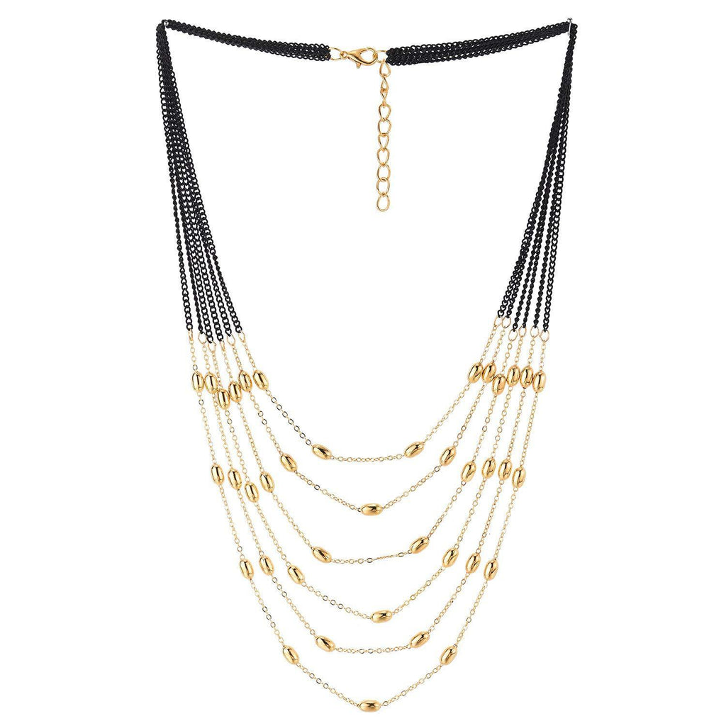 [Australia] - COOLSTEELANDBEYOND Black Gold Statement Necklace Waterfall Multi-Strand Long Chain with Beads Charms Pendant, Dress 