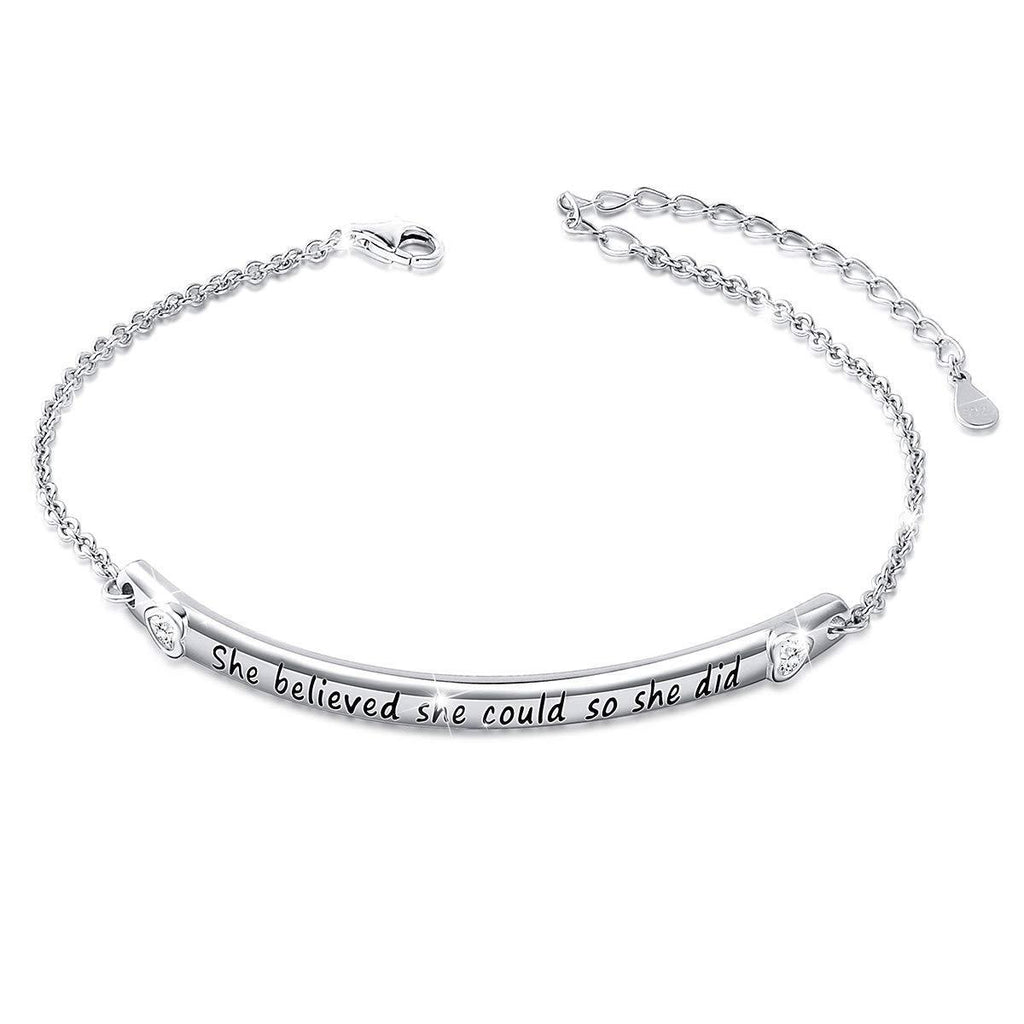 [Australia] - S925 Sterling Silver Jewelry Flyow Engraved Message She Believed She Could So She Did, Fine Inspirational Link Bar Bracelet for Women and Girls 