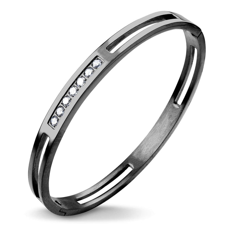 [Australia] - 555Jewelry Womens Stainless Steel Fashion CZ Studded Cuff Bangle Bracelet Black - Grooved 