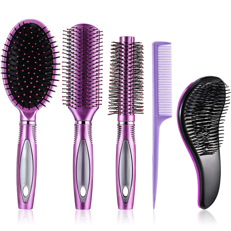 [Australia] - 5 Pieces Hair Brush Set Detangling Brush Paddle Brush Round Hair Brush Tail Comb Wet Dry Brush for Women Men Hair Styling (Purple) 