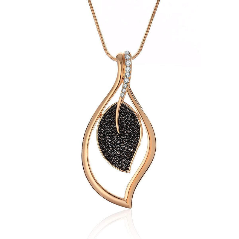 [Australia] - Gold Plated Necklace for Women,Big Black Leaf Pendant Necklace with Crystal,29.5inch Long Hypoallergenic Chain Necklace Gold Plated 