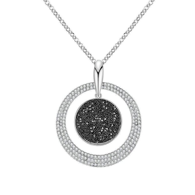 [Australia] - Luxurious Shining Crystal Silver Plated Pendant Necklace for Women, Big Black Diamond Round Circle Link Chain Long Necklace Hypoallergenic Jewelry 