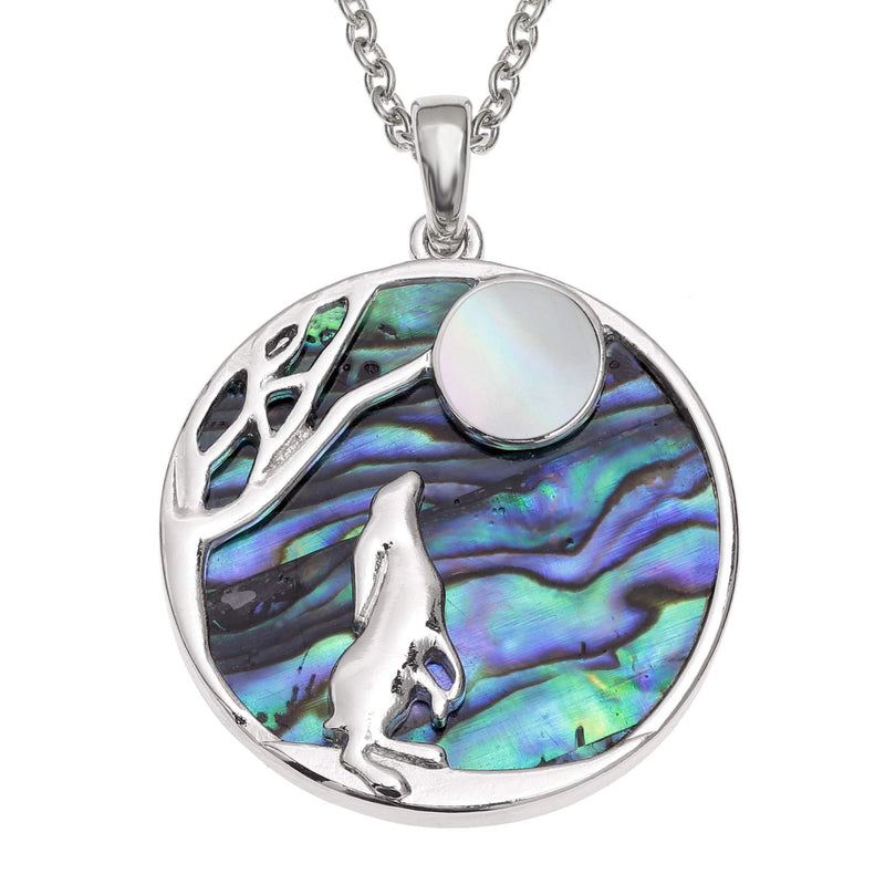 [Australia] - Kiara Jewellery Reversible Hare Gazing At Moon Pendant Necklace On A Disc Of Green Paua Abalone Shell & Mother Of Pearl Moon, on 18" Trace Chain. 