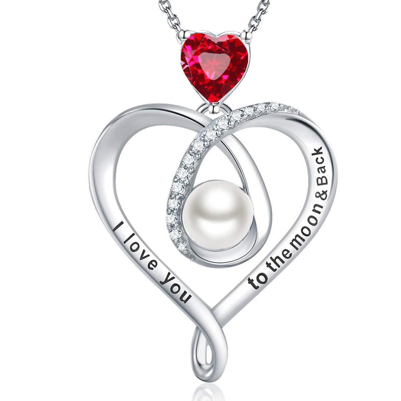 [Australia] - GinoMay July Birthstone Ruby Necklace Women Birthday Gifts Mum Wife I Love You to the Moon and Back Pendant Jewellery White Pearl Sterling Silver 