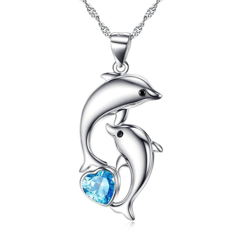 [Australia] - Dolphin Necklace 925 Sterling Silver Blue Cubic Zirconia Heart Double Dolphin Pendant with Wave Chain 18", Jewelry Gift Box Package 