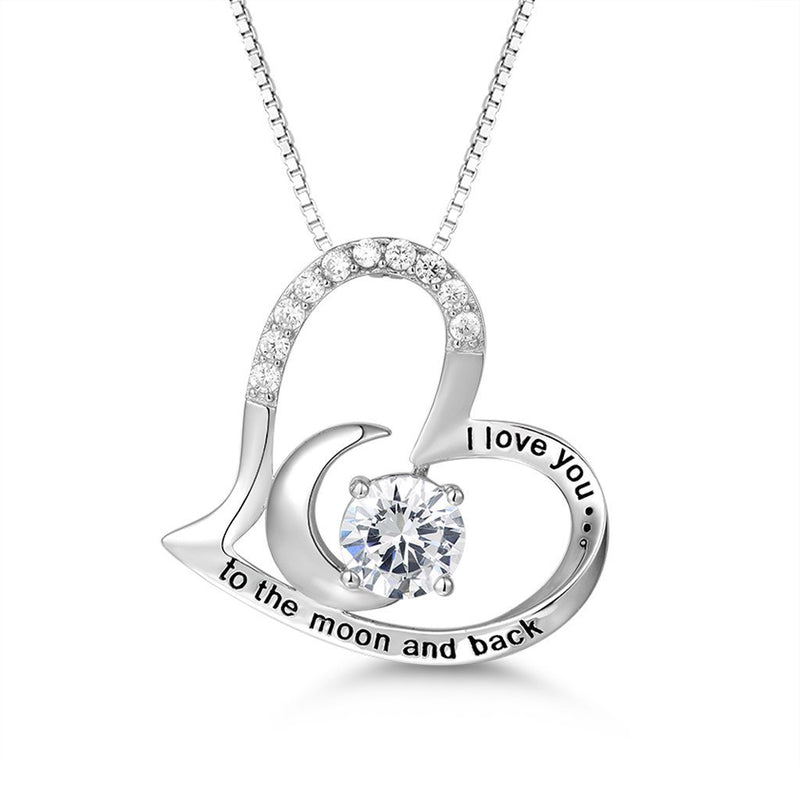[Australia] - PRETTERY Sterling Silver Necklace I Love You to The Moon and Back Cubic Zirconia Heart Pendant Gifts for Women,18"+2" Chain 