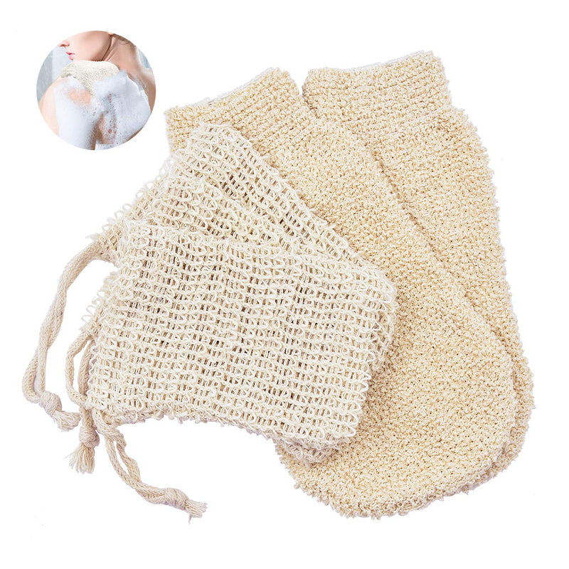 [Australia] - 2 Packs Bamboo Fiber Exfoliating Gloves and 3 Pack Natural Sisal Soap Bags - for Foaming & Save Soaps and Shower Massage Mitts for Scrub and Remove Exfoliate 
