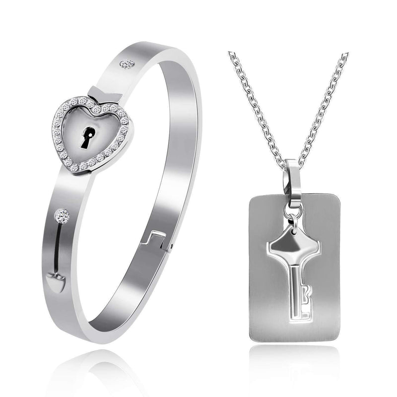 [Australia] - Uloveido Matching Key Pendant Necklace and Lock Bangle Bracelet Set for Couples Women and Men Y474 White 