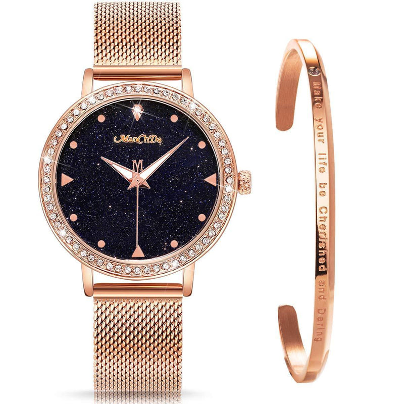 [Australia] - Ladies Watches - ManChDa Women Watches with Bracelet, Analogue Quartz Watches with Rosegold/Gold/Black Stainless Steel Mesh Strap for Women, Wrist Watch with Elegant Blue Marble Starry Sky Dial 01.rosegold 