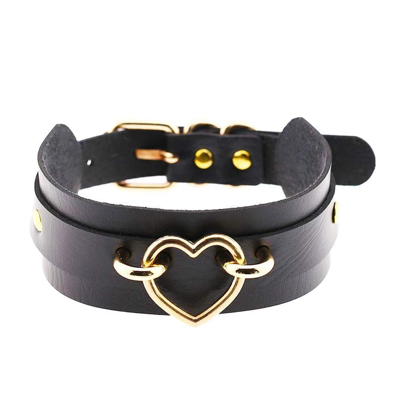 [Australia] - Daimay Heart Choker Necklace PU Leather Goth Choker Collar with Heart Punk Rock Collar Adjustable Size Gold – Black 