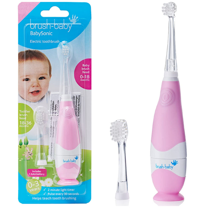 [Australia] - Brush Baby BabySonic Infant and Toddler Electric Toothbrush for Ages 0-3 Years - Smart LED Timer and Gentle Vibration Provide a Fun Brushing Experience - Includes 2 Sensitive Brush Heads (Pink) Pink 
