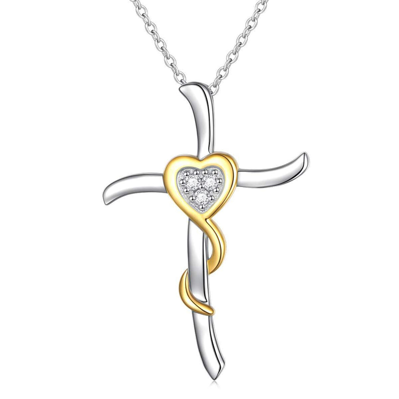 [Australia] - Easter Gifts CZ Gold Heart Cross Necklace for Women Girls 925 Sterling Silver Faith Hope Love Crucifix Necklaces, Adjustable Rolo Silver Chain 18+2 Inches Mothers Day Jewelry 